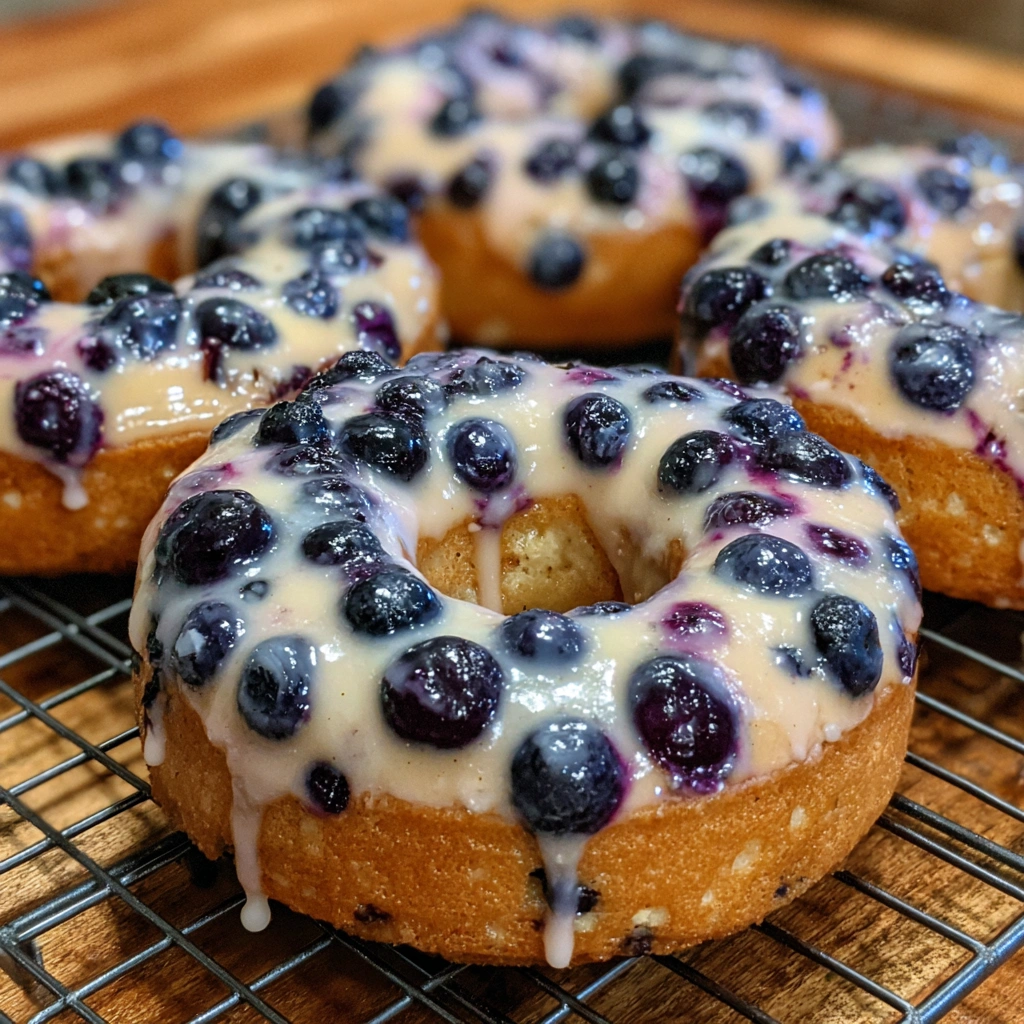 Stack of blueberry donuts with glaze dripping down