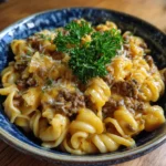 Cheeseburger Pasta Get ready to indulge in a creamy and cheesy Cheeseburger Pasta that combines all your favorite flavors in one dish. This comforting meal is perfect for family dinners or a quick weeknight feast. With tender pasta enveloped in a rich cheese sauce and savory beef, it’s sure to become a household favorite. ingredients - 8 ounces rotini pasta - 1 pound ground beef - 1 medium onion, diced - 2 cloves garlic, minced - 1 cup beef broth - 1 cup grape juice - 1 cup shredded cheddar cheese - 1 teaspoon mustard - Salt and pepper to taste - Fresh parsley for garnish instructions 1. Cook the rotini pasta according to package instructions; drain and set aside. 2. In a large skillet, brown the ground beef over medium heat. Add the diced onion and minced garlic, cooking until the onion is translucent. 3. Stir in the beef broth and grape juice, then bring to a simmer. 4. Add the cooked pasta, cheddar cheese, mustard, and season with salt and pepper. Stir until the cheese is melted and everything is well combined. 5. Serve hot, garnished with fresh parsley. Prep time 10 Cook time 20 Servings 4 Calories 550.