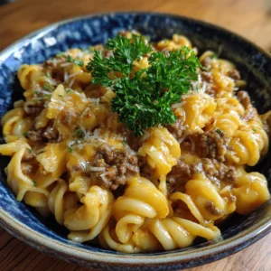 Cheeseburger Pasta Get ready to indulge in a creamy and cheesy Cheeseburger Pasta that combines all your favorite flavors in one dish. This comforting meal is perfect for family dinners or a quick weeknight feast. With tender pasta enveloped in a rich cheese sauce and savory beef, it’s sure to become a household favorite. ingredients - 8 ounces rotini pasta - 1 pound ground beef - 1 medium onion, diced - 2 cloves garlic, minced - 1 cup beef broth - 1 cup grape juice - 1 cup shredded cheddar cheese - 1 teaspoon mustard - Salt and pepper to taste - Fresh parsley for garnish instructions 1. Cook the rotini pasta according to package instructions; drain and set aside. 2. In a large skillet, brown the ground beef over medium heat. Add the diced onion and minced garlic, cooking until the onion is translucent. 3. Stir in the beef broth and grape juice, then bring to a simmer. 4. Add the cooked pasta, cheddar cheese, mustard, and season with salt and pepper. Stir until the cheese is melted and everything is well combined. 5. Serve hot, garnished with fresh parsley. Prep time 10 Cook time 20 Servings 4 Calories 550.