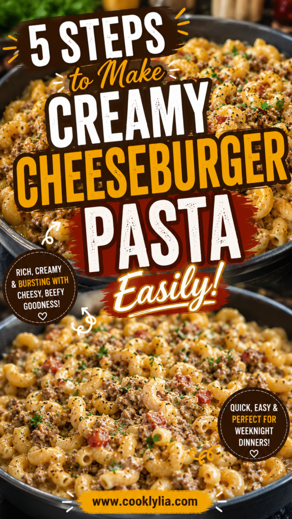 Cheeseburger Pasta Get ready to indulge in a creamy and cheesy Cheeseburger Pasta that combines all your favorite flavors in one dish. This comforting meal is perfect for family dinners or a quick weeknight feast. With tender pasta enveloped in a rich cheese sauce and savory beef, it’s sure to become a household favorite. ingredients - 8 ounces rotini pasta - 1 pound ground beef - 1 medium onion, diced - 2 cloves garlic, minced - 1 cup beef broth - 1 cup grape juice - 1 cup shredded cheddar cheese - 1 teaspoon mustard - Salt and pepper to taste - Fresh parsley for garnish instructions 1. Cook the rotini pasta according to package instructions; drain and set aside. 2. In a large skillet, brown the ground beef over medium heat. Add the diced onion and minced garlic, cooking until the onion is translucent. 3. Stir in the beef broth and grape juice, then bring to a simmer. 4. Add the cooked pasta, cheddar cheese, mustard, and season with salt and pepper. Stir until the cheese is melted and everything is well combined. 5. Serve hot, garnished with fresh parsley. Prep time 10 Cook time 20 Servings 4 Calories 550.