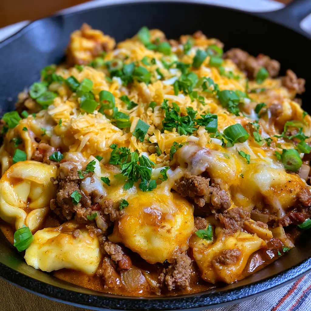 Cheesy Beef Enchilada Tortellini Skillet