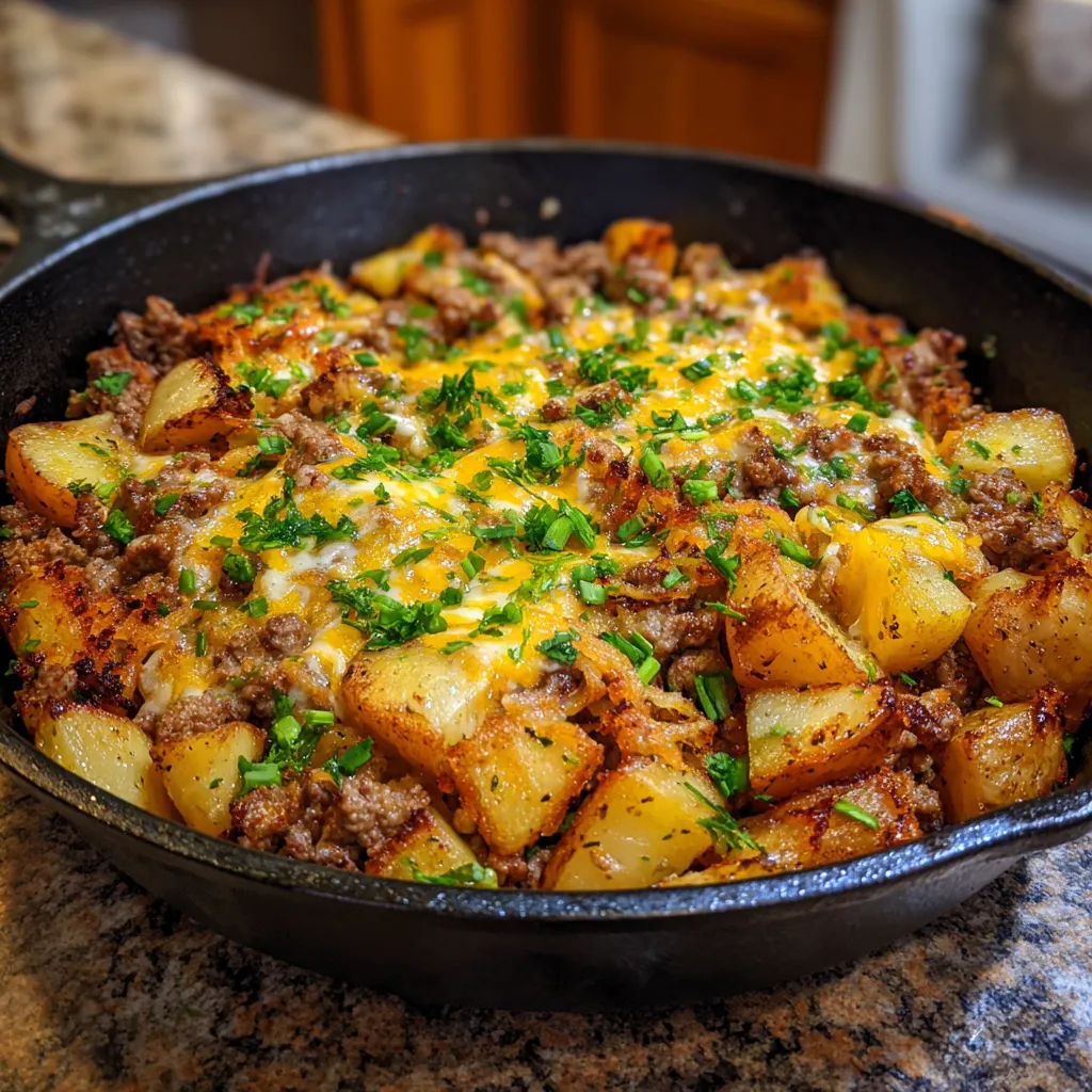 Cheesy One Pan Beef & Potato Skillet