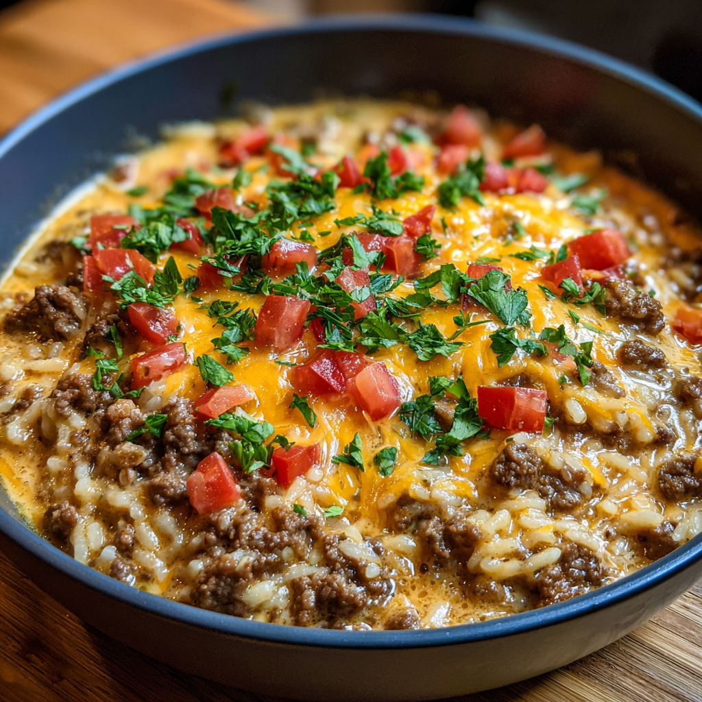 Cheesy Queso Ground Beef and Rice