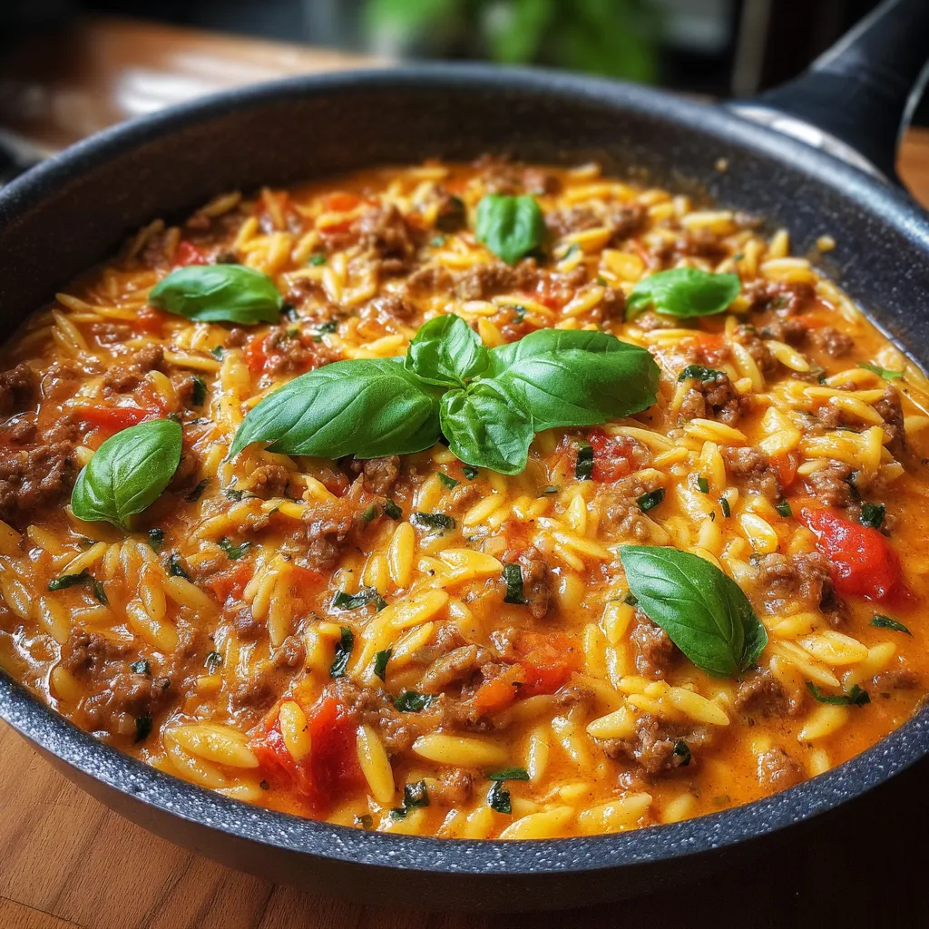 Creamy Tomato Ground Beef Orzo