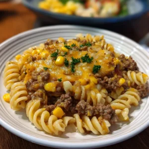 Loaded Cheddar Ranch Beef & Sweet Corn Rotini Bake
