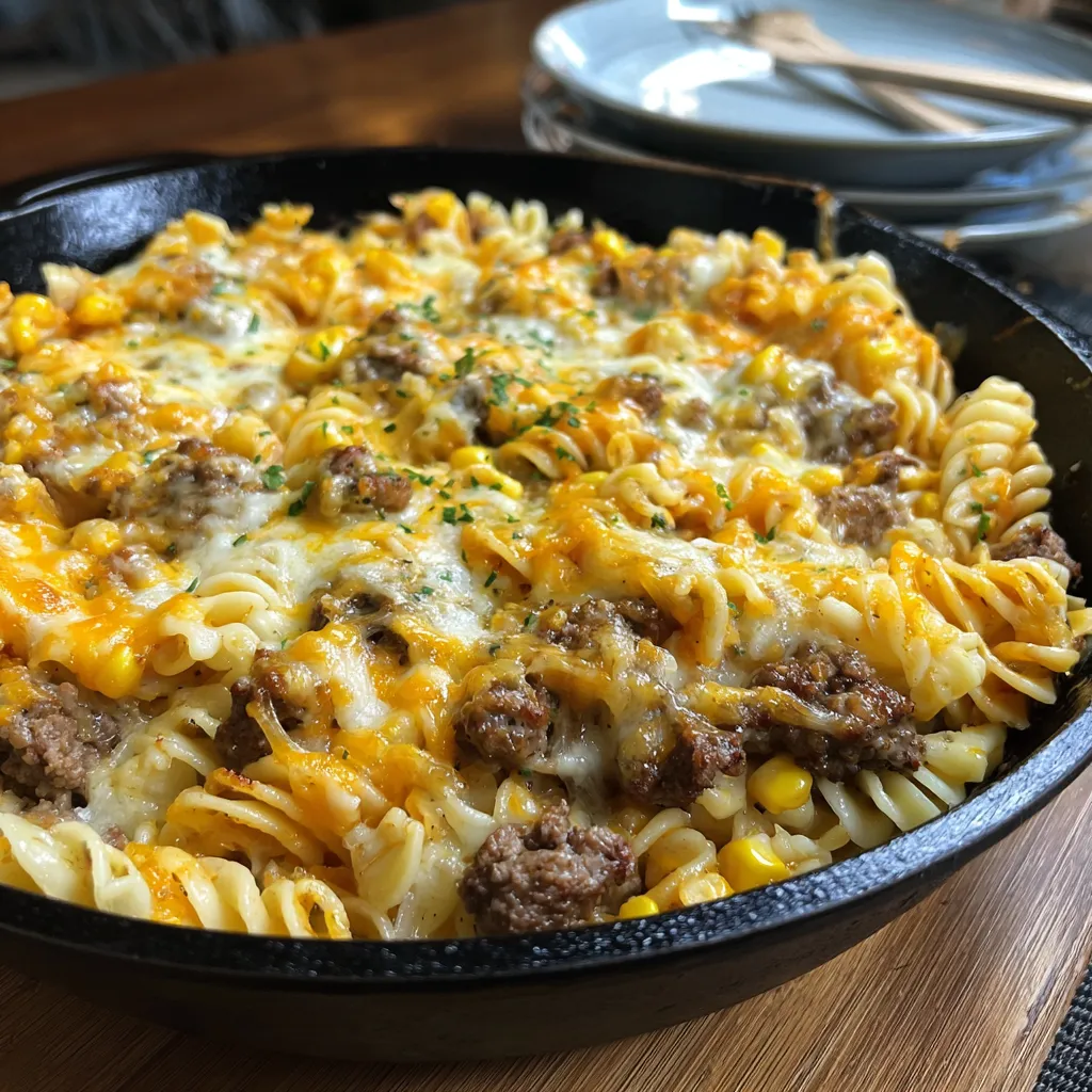Loaded Cheddar Ranch Beef & Sweet Corn Rotini Bake
