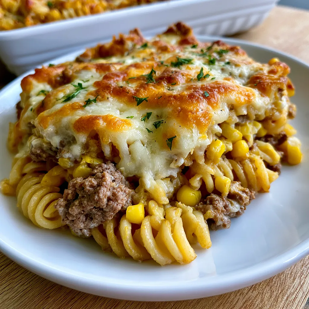 Loaded Cheddar Ranch Beef and Sweet Corn Rotini Bake