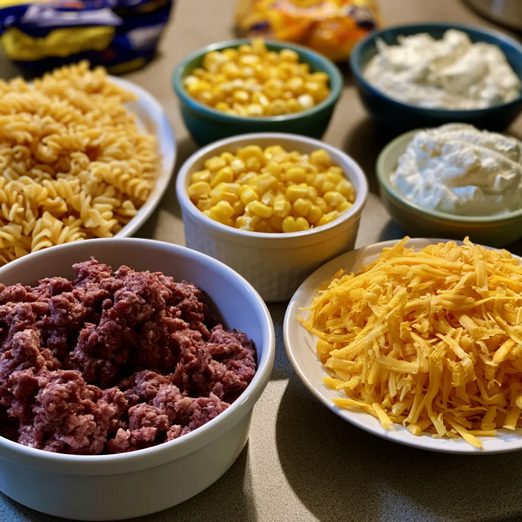 Loaded Cheddar Ranch Beef and Sweet Corn Rotini Bake