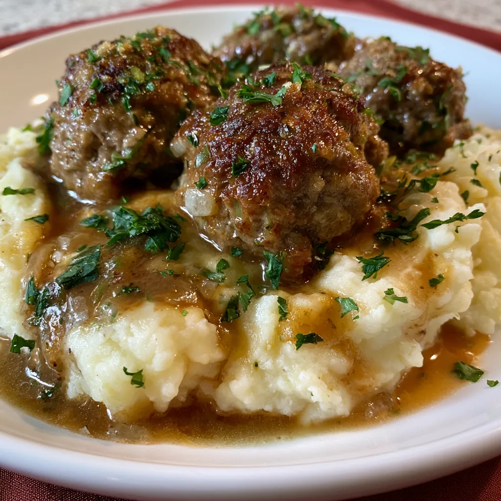 Salisbury Steak Meatballs with Garlic Herb Mashed Potatoes