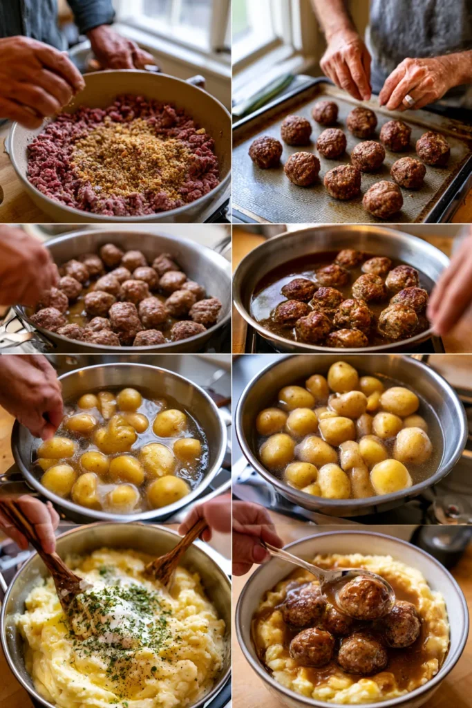 Salisbury Steak Meatballs with Garlic Herb Mashed Potatoes