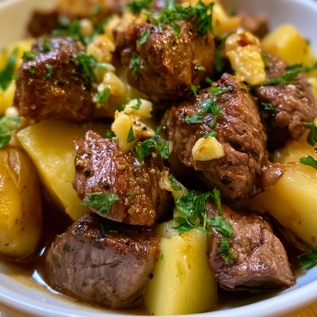 Slow Cooker Garlic Butter Beef Bites with Potatoes