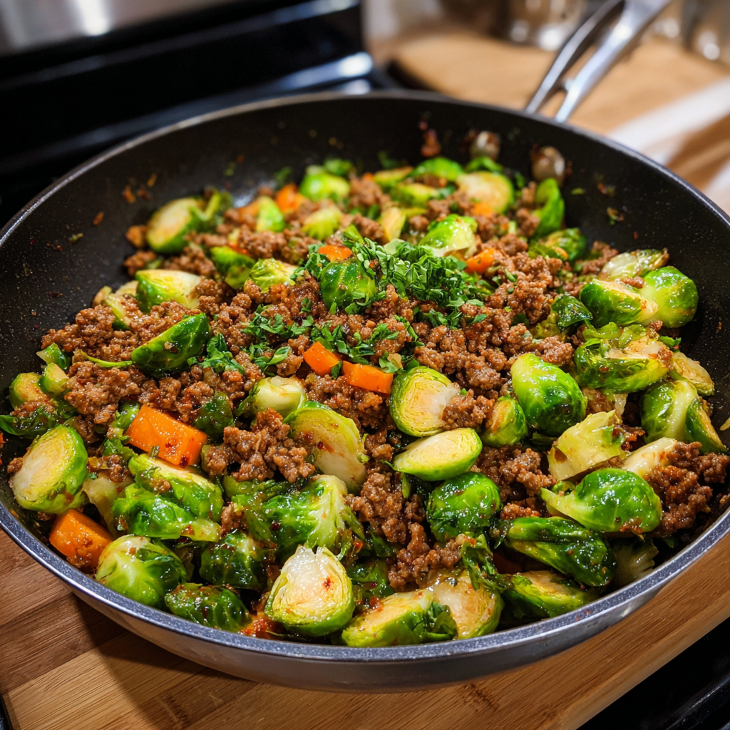 Sweet Chili Ground Beef and Brussels Sprouts