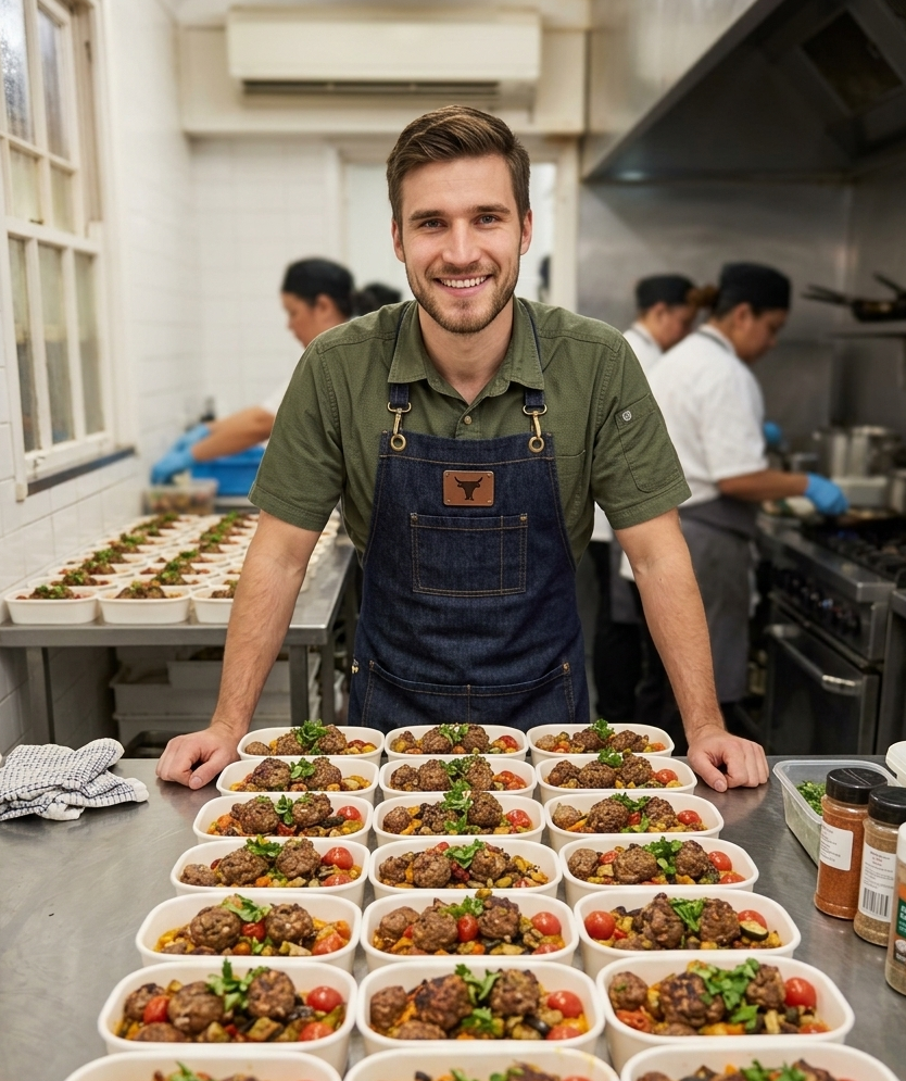 Jake Lylia in kitchen with ground beef meal prep bowls