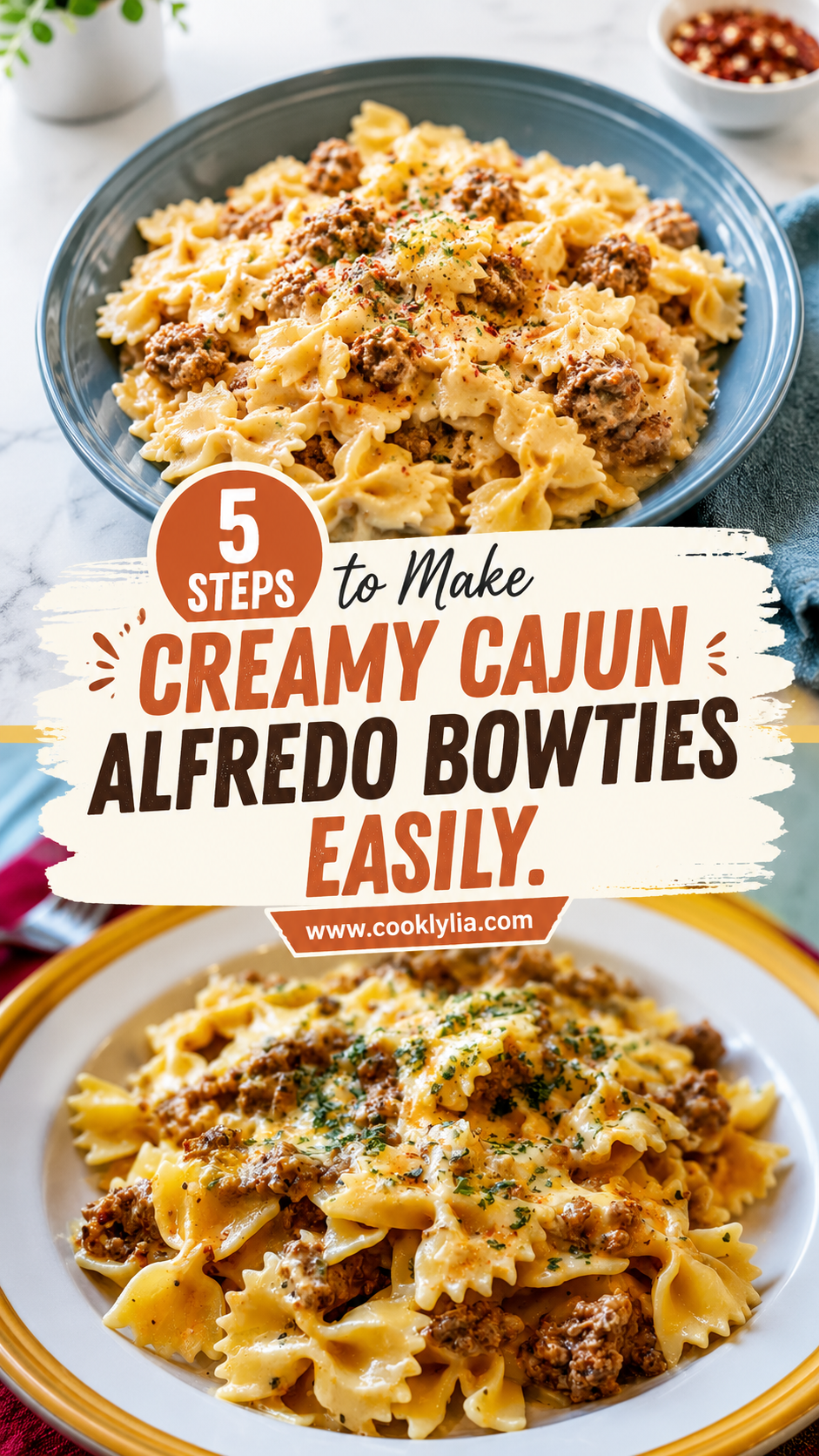 Cajun Cream Cheese Alfredo Bowties with Spiced Ground Beef