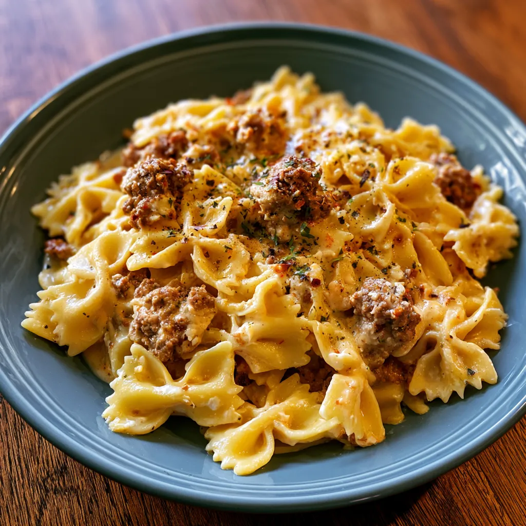 Cajun Cream Cheese Alfredo Bowties with Spiced Ground Beef