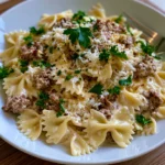 Creamy Parmesan Garlic Beef Bowtie Pasta