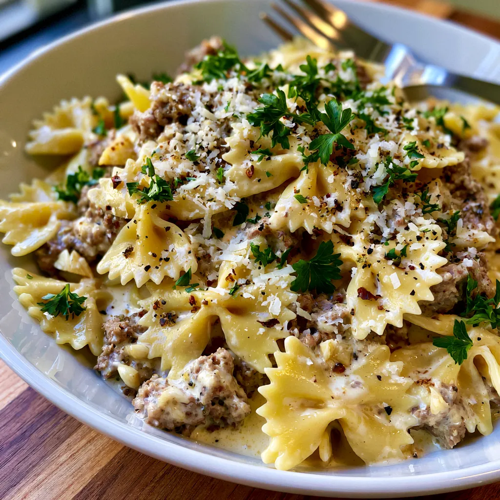 Creamy Parmesan Garlic Beef Bowtie Pasta