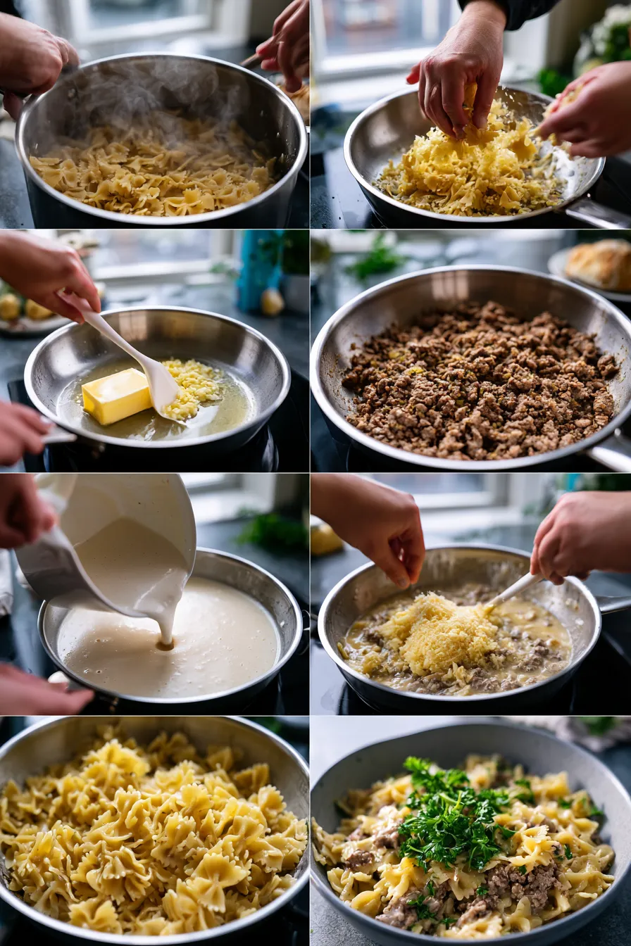 Creamy Parmesan Garlic Beef Bowtie Pasta