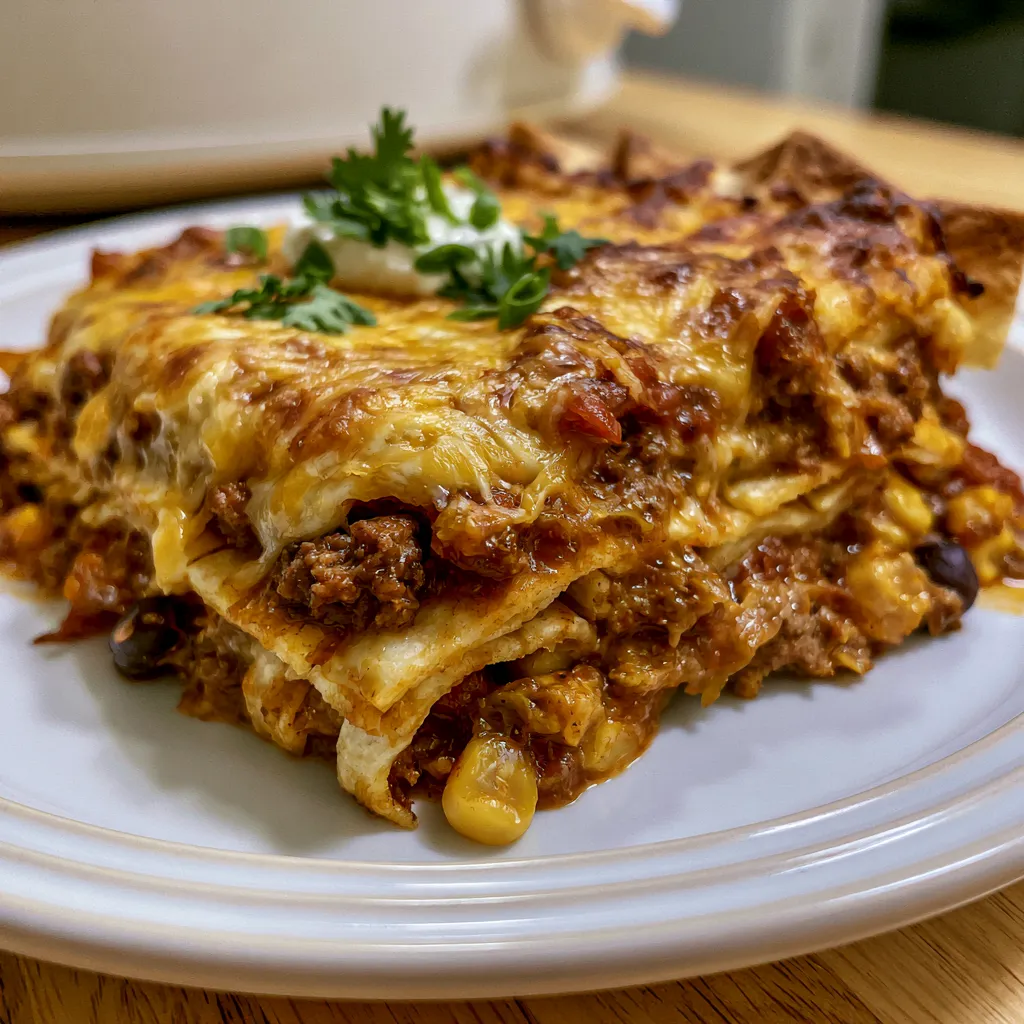 Crockpot Taco Casserole with Ground Beef and Cheese