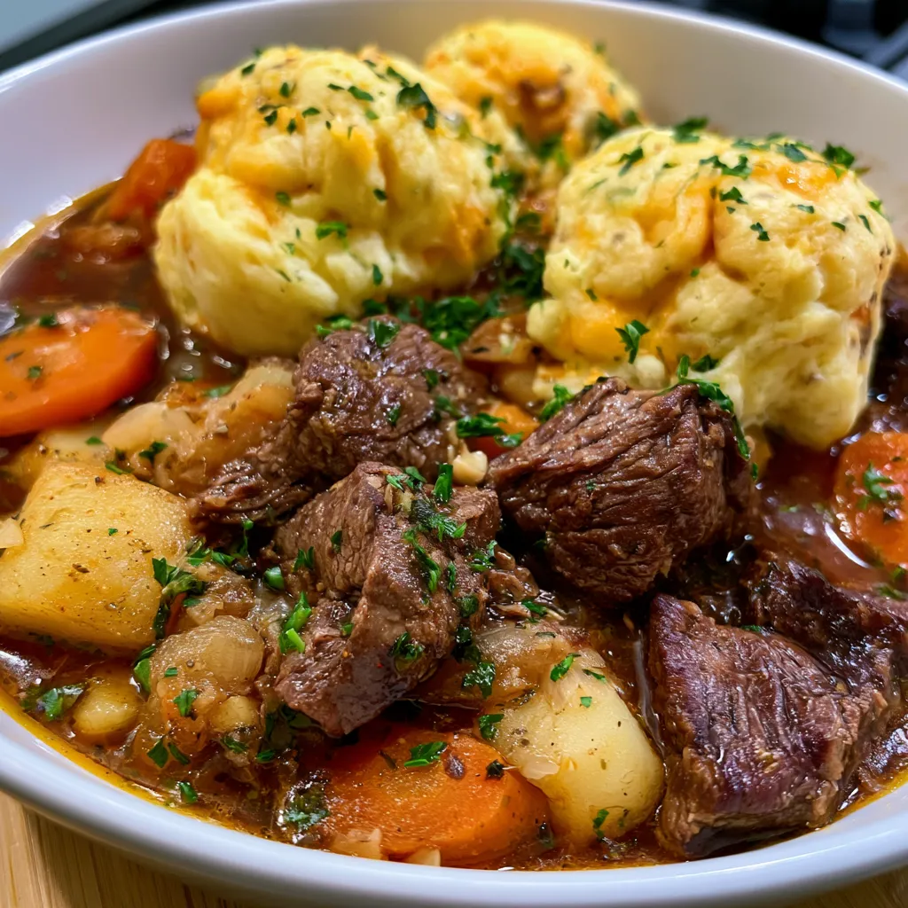Hearty Beef Stew with Cheddar Herb Dumplings