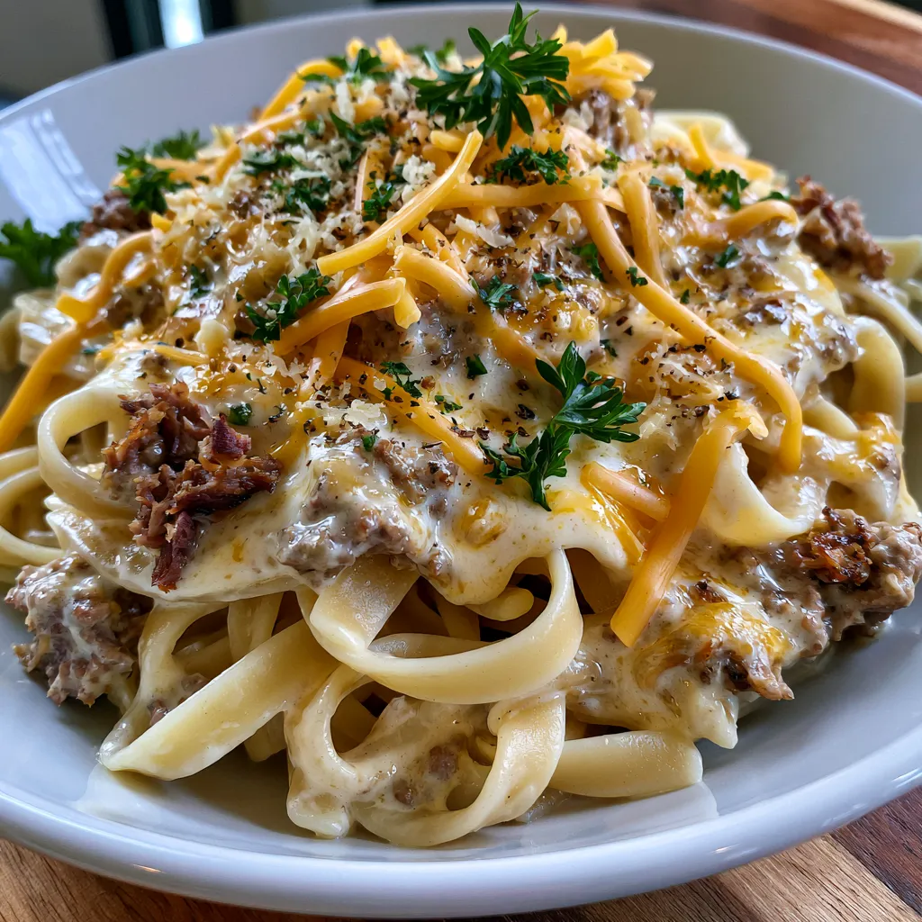Loaded Cheeseburger Alfredo Pasta