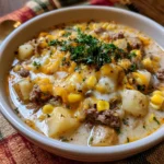 One Pot Cheeseburger Soup with Cheddar