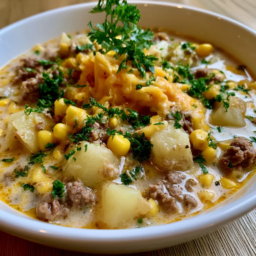 One Pot Cheeseburger Soup with Cheddar