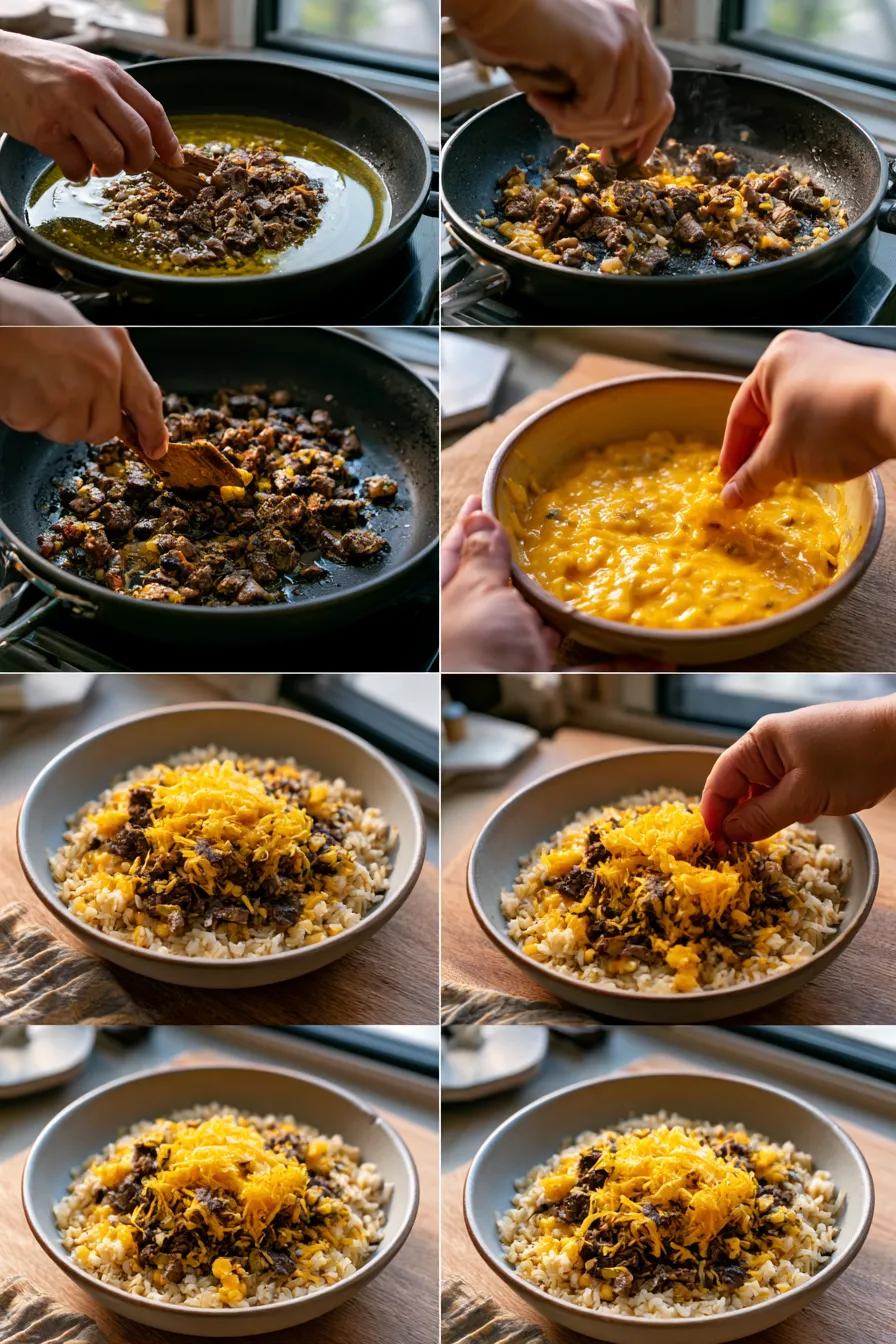 steak queso rice